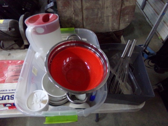 (2) Totes of Kitchen Items, Dishes & Utensils