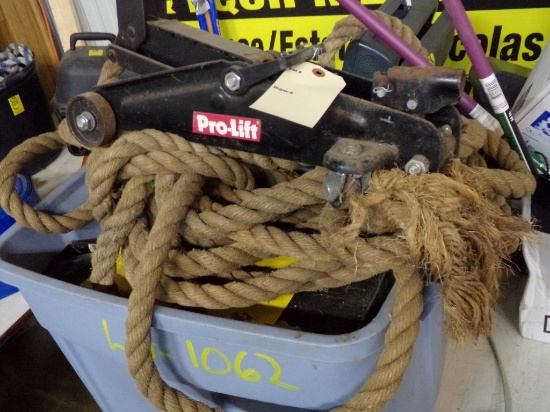 Blue Tote with JD Filters, Heavy Rope, and Small Black Floor Jack