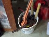 Bucket w/ Crank, Pruners, Tensioners, (1) Snap Binder, and (2) Pipe Wrenche