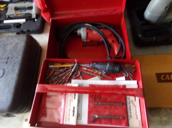 Milwaukee Corded Drill in Nice Metal Case With Some Bits and Misc. Hardware