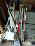 Group of Garden Tolls; Rakes, Shovels, Shop Broom, Pick Axe, Set of Aluminu
