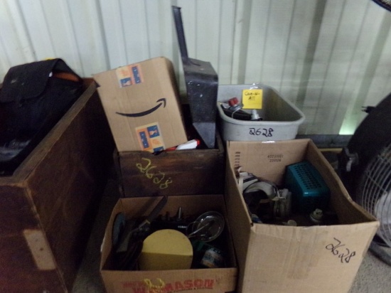 (1) Wooden Box (3) Boxes and (1) Green Tote with Cleaners Tools (2628)