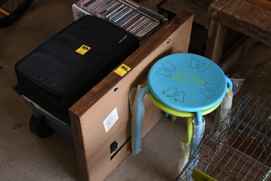 (2) Stools, Picture, Garden Seat, (2) Containers of CDs (2836)