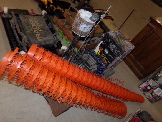 (2) Rolls of Orange Snow Fence, Scroll Saw, Sump Pump, Battery Charger (#28
