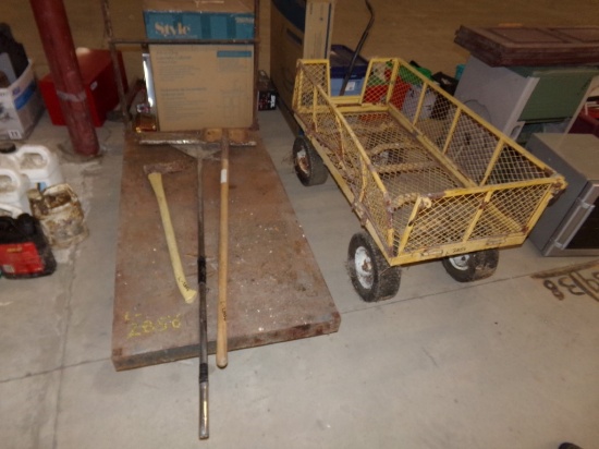 Yellow Wire Garden Wagon, Flat Steel Cart, Splitting Mall, Shovel, Scraper