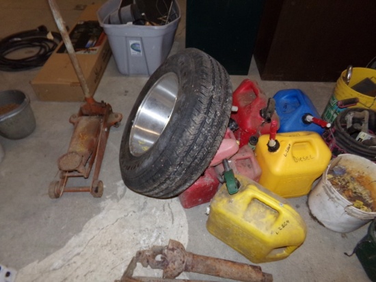 Fuel Cans, Jeep Tires/Rim, Floor Jack (#2864)