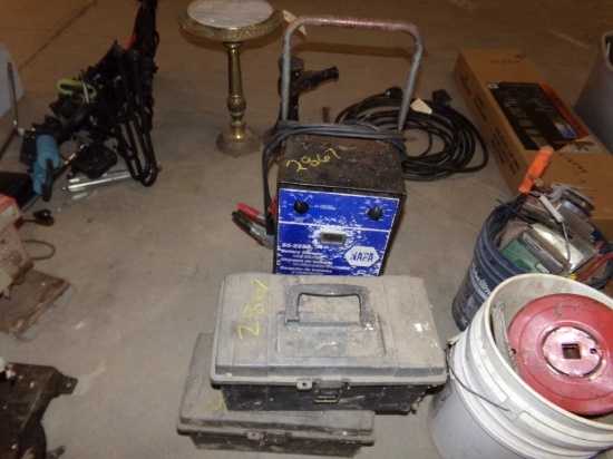 2 Gray toolboxes with tools, Napa Battery Charger (#2867)