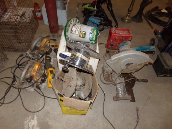 Makita Chopsaw, Small Drillpress, Foam Cooler w/Contents, 4 Dewalt Corded T