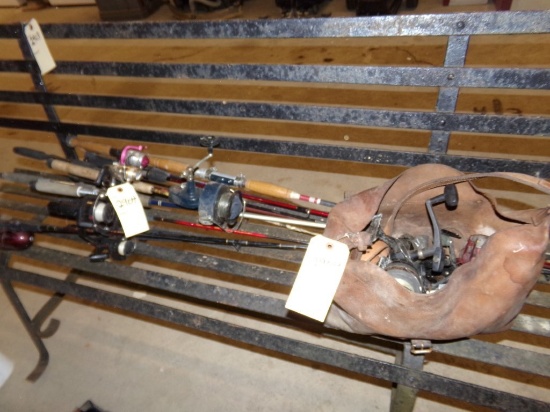Group of Fishing Poles, Leather Bags of Reels, Etc. (#2904)