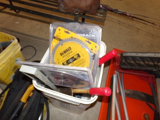 White Bucket w/Misc Hand Tools & New 10'' Saw Blades (#2905)