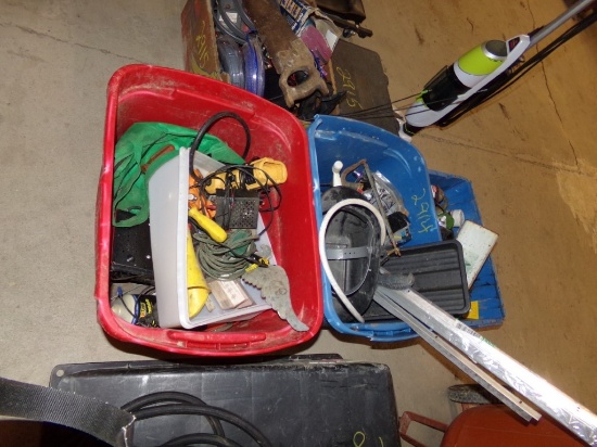 ( 2 ) Blue and (1) Red Tote of Tools and Hardware (#2914)
