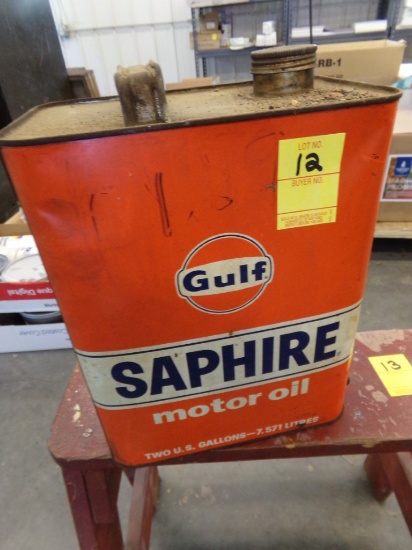 2-Gallon Vintage Gulf Motor Oil Tin, Cap Marked 10w, (New Oil In Can)