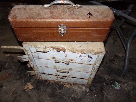 4 Drawer Cabinet with Assorted Hardware and Brown Metal Tool Box with Assor