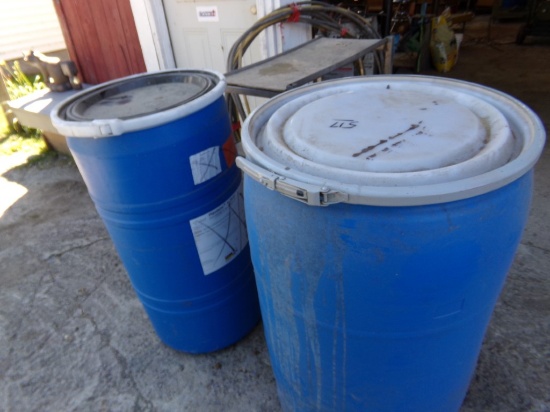 (2) Plastic Drums With Lids, 55 Gallon and a 35 Gallon