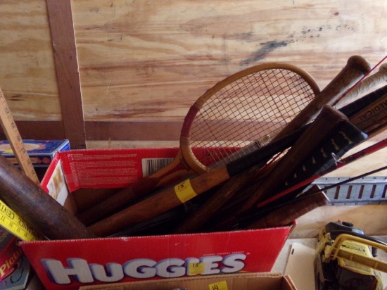 Box of Sporting Equipment, Old Baseball Bats, Gloves, Balls, Tennis Racquet
