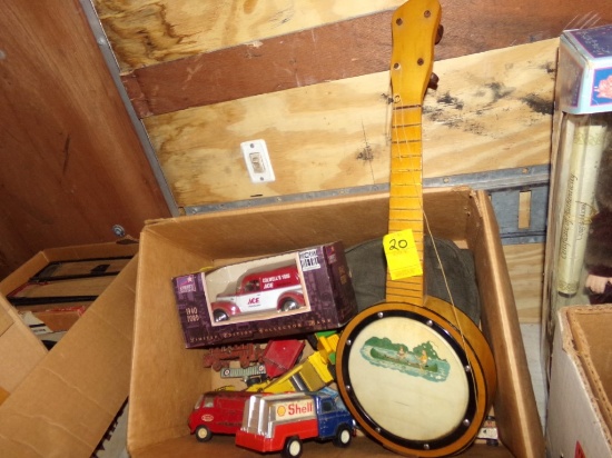 Box of Toys Including Round Ukelele (Need Strings) Has Case, ACE 1940 Truck