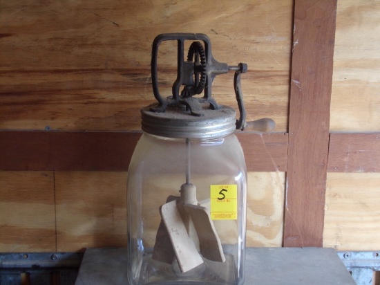 Butter Churn, Clear Glass, Wood Paddle, Approx 2 Gallon, (In Enclosed Trail