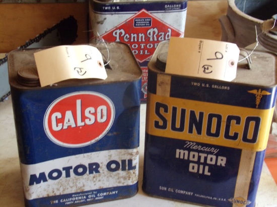 (2) 2-Gallon Motor Oil Tins, Calso & Sunoco, Empty (2 X Bid), (In Enclosed