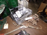 Old Come Along Cable Hoist, an  Antique Trolley and Group of Wire Rack for