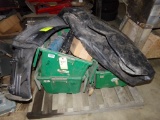 Pallet with Green Totes, Old CB Radios, Air Line, Tarp, Inner Fender, Etc.