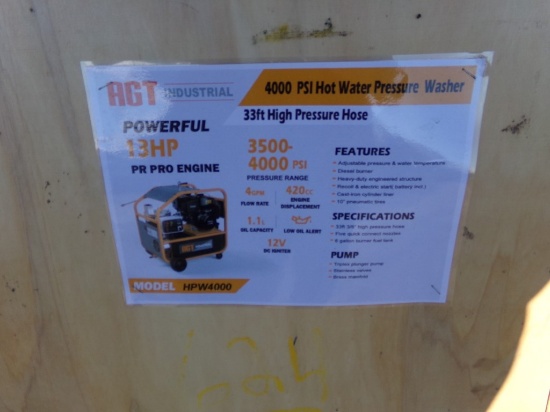 New AGT 4000 PSI Hot Water Washer, 13 HP, 33' Hose, Model # HPW4000