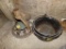 Group w/ (2) Cast Iron Pots, Sun Dial, And Park Lamp Without Globe Or Fixtu