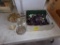 Box with Violet Chandelier Chrystals, Glass Bud Vase,Glass Dog and Boot, (2
