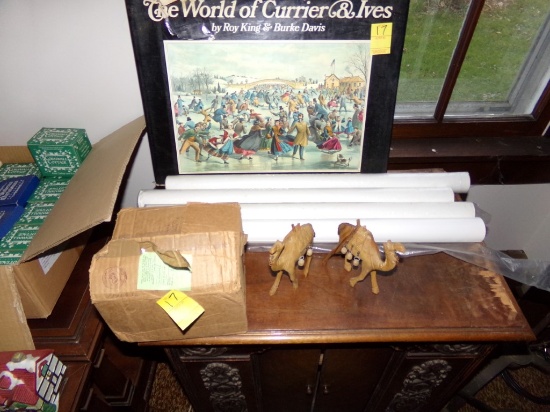 Group with Currier and  Ives Coffee Table Book, Carved Camels and Posters (