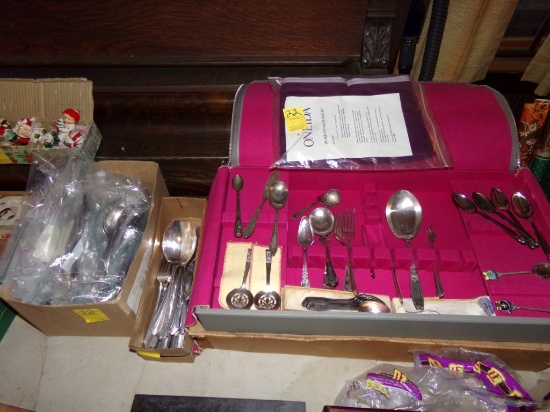 (1) Silverware Display Case, (? Oneida) with Some Misc. Silverware and (2)
