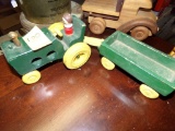 Green and Yellow Tractor and Wagon Toy Set, Wood with Driver (Garage)