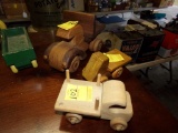 (3) Wood Toy Trucks, (2) Flatbeads, (1) Dump,(MISSING ONE STAKE)