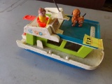 Fisher Price House Boat Pull Toy with (1) Figure and a Dog, Used but Good C