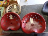 (3) Tin Tractor Seats, (2) Red, (1) Tan, ONE IS RUSTY (Garage)