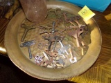 Group of Clock and Cabinet Keys with Old Serving Tray and P.B. Jar (DR)