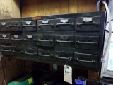 18 Drawer Organizer with Minimal Contents, Hanging on Wall Over Work Bench(