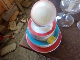 Partial Set of Milk Glass/Pastel Red and Blue Dinner Ware(Shed)