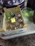 Wood Clementines Box w/(19 +/-) Shot Glasses, Glass Jar Stopper, Green Bowl