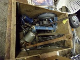 Wood Crate w/Misc. Tools - Old Wrenches, Scissor Jack, Oil Cans, etc.  (She