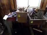 (3) Boxes Of Misc Tools; Garden Tools, Filter Wrenches, Tire Irons, Cultiva