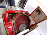 Box with Misc. Serving Trays, Vintage and Repro Coke Items (Garage)