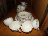 Partial China Set in Showcase, No Name, Pink Floral Border  (Store)
