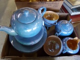 Irridescent Blue and Tan Japanese Tea Set, Mostly Complete, Very Attractive