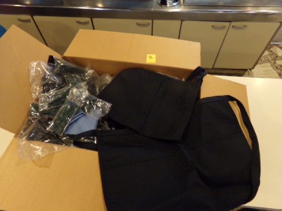 Box of New Black and Green Server Aprons and Green Clip on Bow Ties (Main D