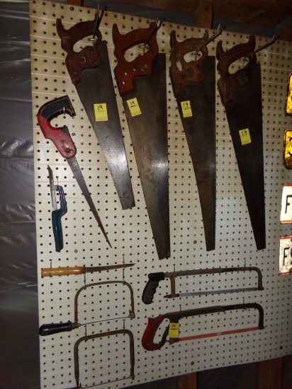 Group Of Hand Saws On Wall Near Door, Hand Saws, Hack Saws, Etc