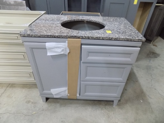 37'' Light Grey Vanity With Speckled Granite Top. Oval Sink Cut Out. 3 Draw