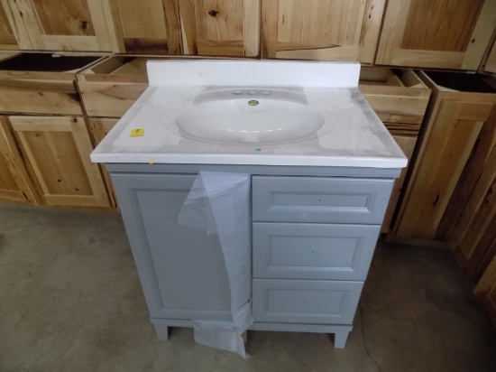 New Grey 31'' Vanity With White Top, 3 Drawers and a Cupboard Underneath