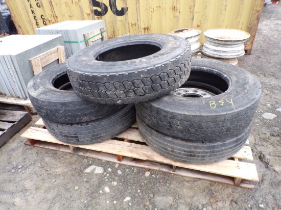 (5) 22.5'' Heavy Truck Tires, 1 Has Aluminum Wheel