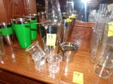 Group Of Stainless Shakers, m=Measuring Glass, (3) Shot Glasses