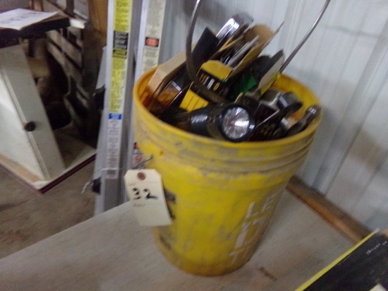 5 Gallon Bucket of Misc Tools, Staplers, Solder, Handles, Polish, Calipers,