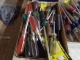 Box of Misc. Screwdrivers, Nut drivers and Key Hole Saws